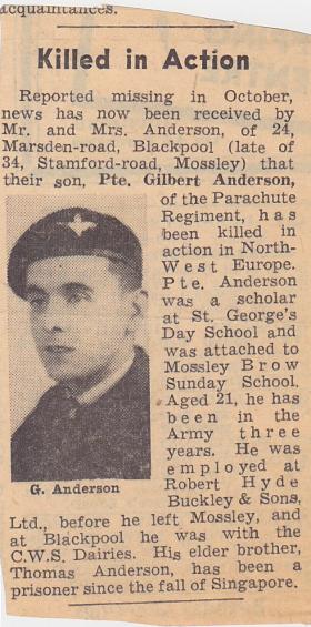 Newspaper article reporting the death of Pte Glibert Anderson