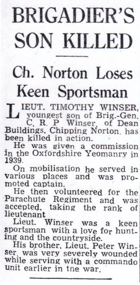 Newspaper article on the death of Lt Timothy Winser, Oxford Mail, 18 January 1945.