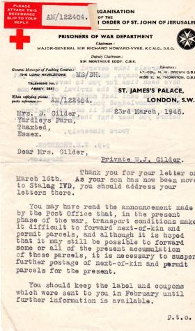 WJ Gilder letter from Red Cross noting POW Camp change Page 1