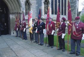 Colour image of PRA and RBL standard bearers outside St Wulfums Church, Grantham, for Richard Todds Memorial Service,  10th May 2010