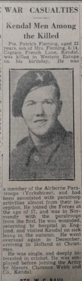 Patrick Fleming in Westmorland Gazette 10 March 1945