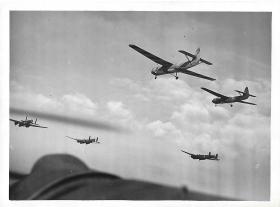 OS View from an Anson aircraft of Horsas being towed by Whitleys