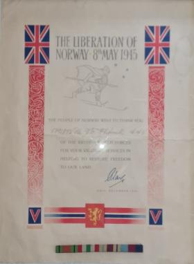OS Liberation of Norway Certificate of Pte JF Whitmill