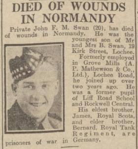 OS Pte. JFM Swan's death reported in the Dundee Evening Telegraph 4 July 1944