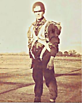 Ady Coan wearing a parachute harness 1965