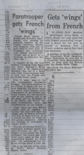 Two newspaper clippings noting the award of French wings to Brian Guest