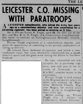 Pte Lacey A Tingle of 224 PFA, RAMC. 1944. Newspaper article
