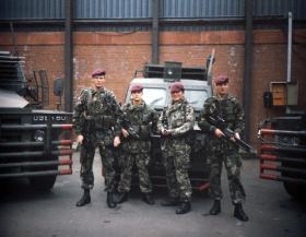 OS Two Brave Zero callsign posing by the armoured PIGS at Woodbourne RUC SF base, 1990 (photo was used in 50th anniversary of Airborne Forces edition of Pegasus Magazine)
