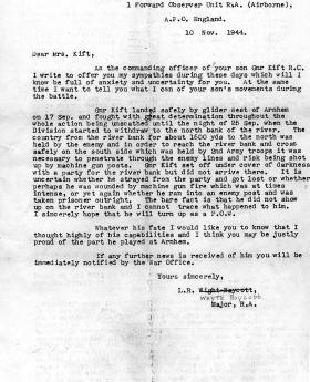 Letter to Mrs Kift from Maj. LR whyte Boycott RA 