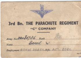 ID card of Private Bill Baker, 3rd Para Bn