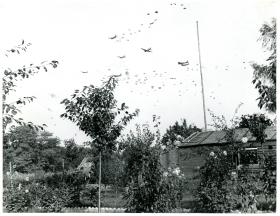 Four-engined Stirlings dropping supplies by parachute to Airborne Forces.