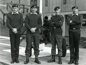 Members of 2 PARA in front of a captured Argentinian Gun, Browning Barracks c1982