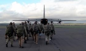Pathfinders walking out to a C130 Hercules prior to jumping on Joint Warrior, Scotland, 2012.
