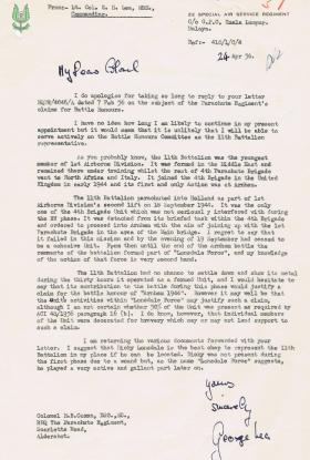 Letter regarding Battle Honours of 11th Battalion, 24 April 1956.