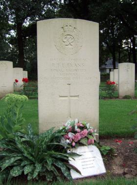 Headstone of Cpl R F E Evans, Oosterbeek War Cemetery, July 2014.