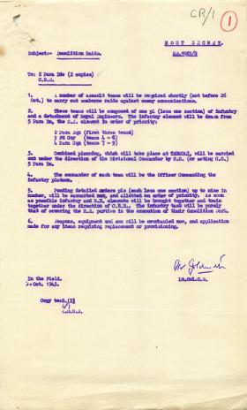 Letter from Lt-Col Goldsmith about demolition raids for Operation Crafty.