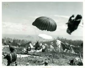 Parachutists of the 503rd Parachute Regiment landing on B field, February 1945.