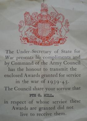 Notice accompanying Pte Mill's medals