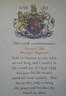 Pte Mill's commemoration scroll