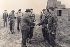 'Manny' Shinwell, War Minister, meeting officers of 16th Airborne Div REME at 4th Bde Group Annual Camp, Aug 1949