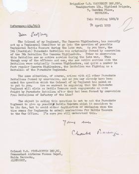 Letter regarding 5th (Scottish) Parachute Battalion Battle Honours, 21 April 1955.