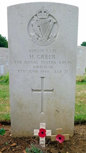 Headstone of L/Cpl Henry Greer, Ranville War Cemetery.