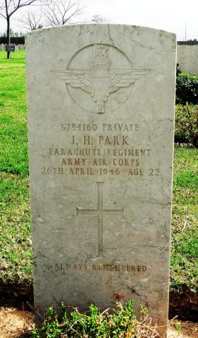 Grave of Pte J H Park, Ramleh War Cemetery, 2015.