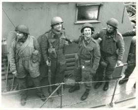 Wearing "P" type helmets, four of the paratroopers who took part in the Bruneval raid, 1942.