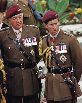 Gen Sir Geoffrey Howlett stands with HRH Prince of Wales during PARA 90 celebrations, 1990