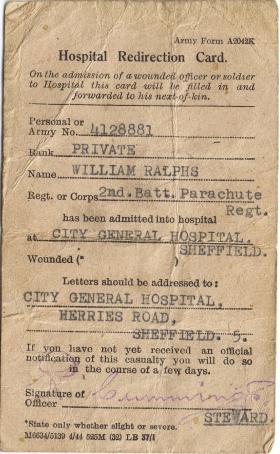 Hospital card for Pte William Ralphs, 1940s