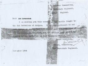 Letter from Maj Digby Tatham-Warter to Mrs Baverstock, October 1944.