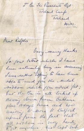 Letter to Pte Ralphs from Lt John Monsell, c.1945-6.