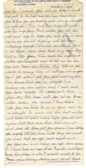 Prisoner of War letter to Pte Ralphs from his mother, sent to Stalag IVB