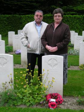 Mr and Mrs S Conway at the grave of Thomas Harrison, Reichswald, May 2010.