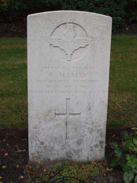 Headstone of Pte Frederick Allman, Oosterbeek War Cemetery, 2009.