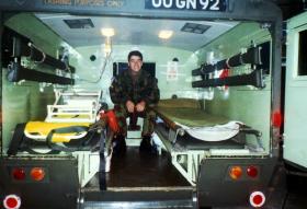 Pte O'Toole during an Ambulance Strike, Chelsea Bks prior to going to Twickenham, 1989.