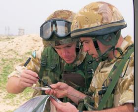 Map-check in vicinity of Az Zubayr, note the Para helmets and choc chip camouflage netting, Op Telic III Iraq, 2003-04, 