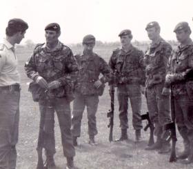 HRH Prince of Wales with OC Capt Andrews and members of Pathfinder Platoon, Salisbury Plain, 1979.