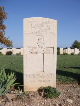 Headstone of Bdr LJ Roberts, Bari War Cemetery, November 2011.
