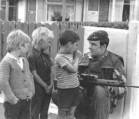Pte Mark O'Connell on patrol in the Ardoyne, 1975.