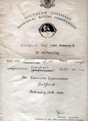 Lt R Midwood's Boxing Certificate, February 1944.