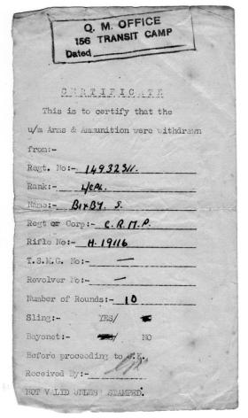 Certificate of Withdrawal of Arms & Ammunition for L/Cpl Bixby.