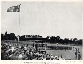 3 PARA march past HM King George VI after the presentation of the Colours, Aldershot 1950.