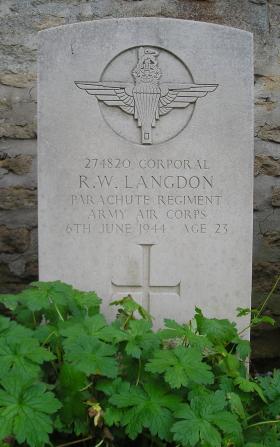 Headstone of Cpl Langdon, Herouvillette Cemetery, October 2010.