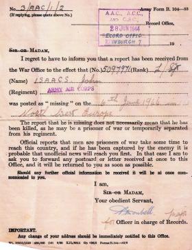 War Office notification to the wife of CQSM Isaacs confirming he was Missing In Action, 6 June 1944.