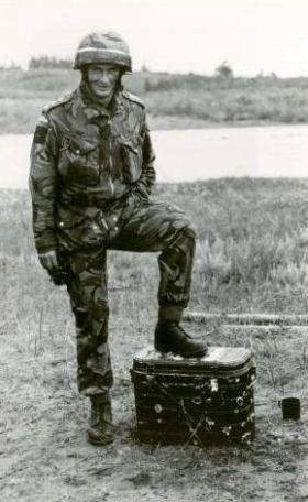 Dave Wood with 'shot up' tea urn, 1 PARA, Canada 1980.