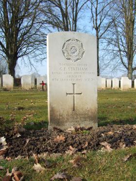 Grave of Driver G E Statham, Hotton War Cemetery, Belgium, March 2015.