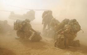 Paras in a dust storm caused by a Chinook Helicopter, Musa Qala, Afghanistan, 2008.