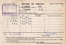 Record of Service card for Pte Moore.