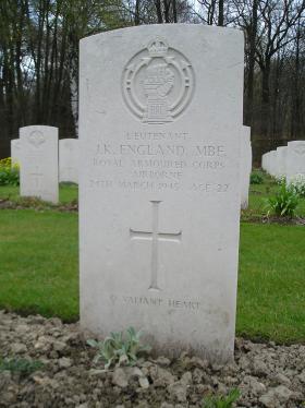 Headstone for A/Captain JK England, Reichswald Forest War Cemetery, 2010.